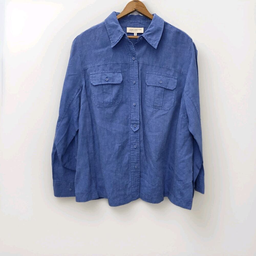 Jones New York Linen Blouse Top Women Size 1X Blue Roll Tab Beachy Button Up